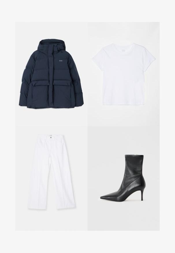 Tamsiai mėlynas pūkinis švarkas su gobtuvu, turintis dvi priekinės kišenes, užtrauktuko uždarymą ir tekstūruotas siuvinėjimo sekcijas. Lengvas dizainas.; FRAME BABY TEE - Paprasti marškinėliai - white; FRAME BAGGY PALAZZO - Platėjantys džinsai - white; Juodas odinis kulkšninis batas su smailiu pirštu, liekniu stiletto kulnu ir prigludusia, kaip kojinė, viršugalviu. Lygi tekstūra su minimaliais siuvimo spaudais.