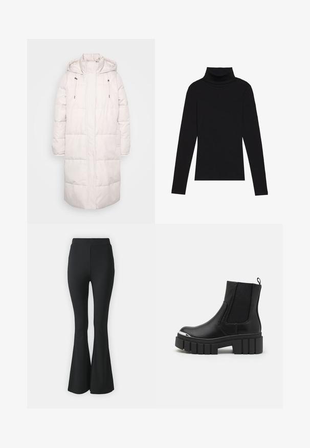 Cămașă de iarnă lungă, de un roz pal, cu umplutură, cu glugă, guler înalt, șnururi și închidere cu fermoar în față.; Cămășuță neagră cu guler înalt, dintr-un material cu dungi, cu un design aderent, fără modele sau accente.; Pantaloni negri evazați dintr-un material elastic. Au o talie înaltă și un design neted, ajustat care se lărgește de la genunchi în jos.; Botine negre până la gleznă, din piele netedă, cu panouri elastice, talpă groasă și vârf metalic.