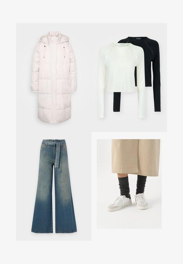 Pikk, heledast roosast värvitud soojad vest, millel on kapuuts, kõrge krae, kütikud ja esine tõmblukk.; Kaks pikka varrukatoppi, üks valge ja teine must. Mõlemal on ümmargune kaelus ja dekoratiivsed lukud õlgadel. Sile kangas.; Laiad denimpüksid, millel on hele tume sinine gradiendiefekt, kõrge vöökoht, vöökumlid ja sobivast kangast vöö. Struktureeritud denimi viimistlus.; Valged ja hallid tennised musta kannaaktsendiga, millel on sile nahkpealis ja tekstuuriga sametine varvas. Kanda tumedate hallide viltuste sokkidega.