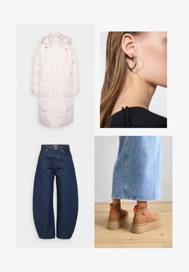 Pikk, heledast roosast värvitud soojad vest, millel on kapuuts, kõrge krae, kütikud ja esine tõmblukk.; Even&Odd Petite 2 PACK - Topp - light grey/black; Tumesinised teksapüksid laiade, lõdvalt istuvate lõigetega. Varustatud luku ja nelja taskuga ning kontrastse õmblusega õmbluste ääres.; Pruunid nahatooted platvormikontsad elastsete külgpaneelidega ja oranžide tõmbetuttidega, koos puusani ulatuva heleda denim-seelikuga puidust põrandal.; Hõbedane rõngas kõrvarõngas poleeritud viimistlusega, millel on väikesed kuldsed aktsendid ja ümmargune kuju, kantud lobus.