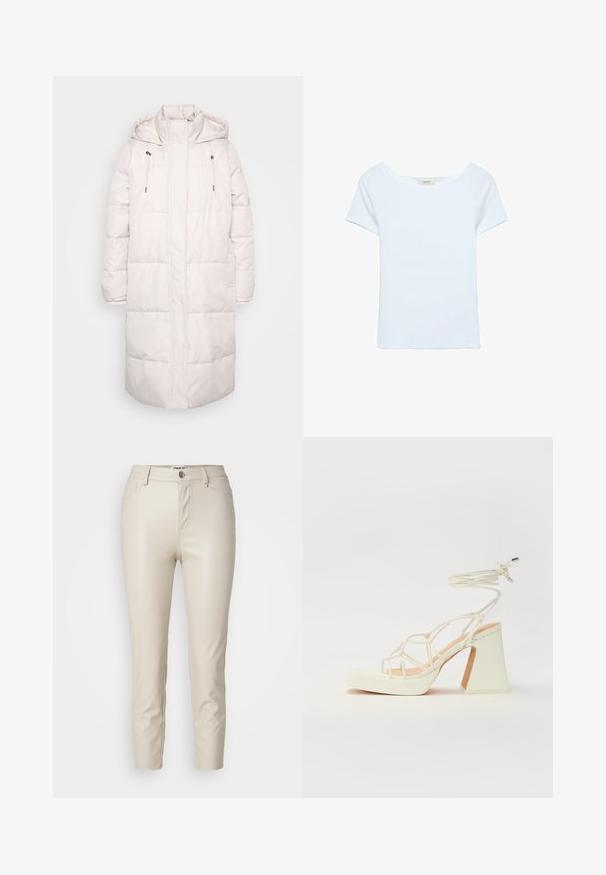 Dlhý svetloružový prešívaný zimný kabát s kapucňou, vysokým golierom, šnúrkami a predným zipsovým uzáverom.; Biele tričko vyrobené z rebrovanej látky, so širokým výstrihom a krátkymi rukávmi. Jednoduchý dizajn bez vzorov alebo akcentov.; Béžové nohavice z imitácie kože so slim fit strihom, prednými vreckami a gombíkovým zapínaním, s hladkou textúrou a zúženými nohavicami.; Biele sandále na vysokom opätku s hrubým podpätkom, s pruhovaným dizajnom a viazaním na členku. Hladký povrch s platformou vpredu pre zvýšenú výšku.