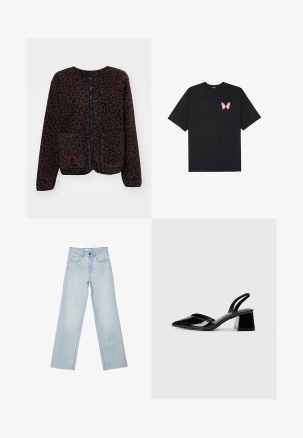 Obey Clothing DOTTIE LINER JACKET - Giacca in pile - java brown; T-shirt nera in cotone con maniche corte, caratterizzata da una piccola grafica di una farfalla rosa sul lato sinistro del petto. Design a girocollo con una vestibilità rilassata.; Jeans a gamba larga di colore blu chiaro realizzati in denim. Presentano cinque tasche, un bottone sul davanti e dettagli sbiaditi. Taglio dritto classico con vestibilità ampia.; Décolleté in vernice nera con punta affusolata e tacco in geometria cubica. Presentano un design elegante e minimalista, con una texture liscia.