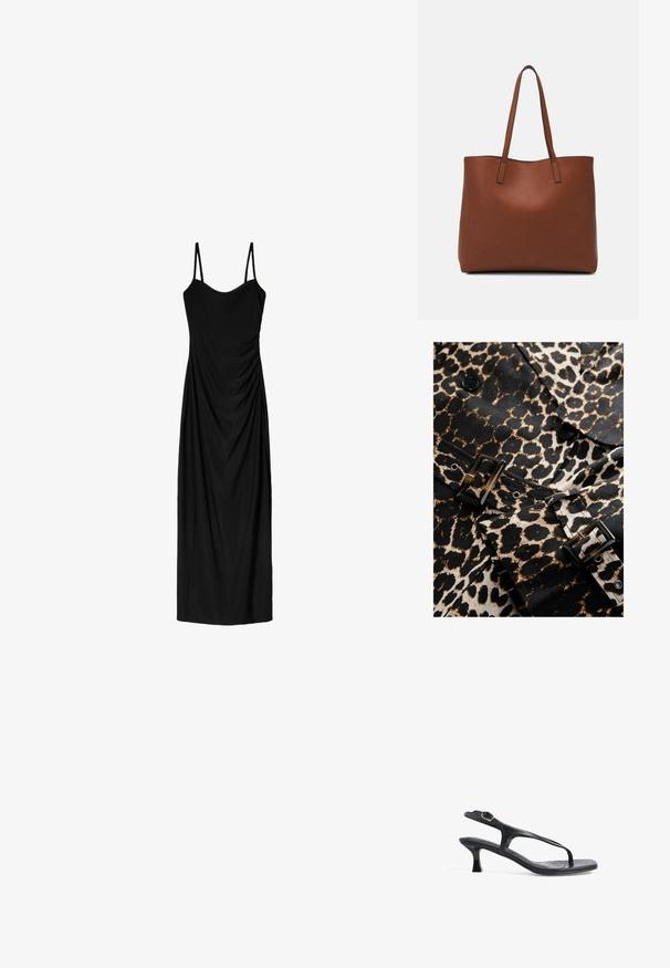 Leopardmønstret stof i sort og beige med en blank sort spænde og knapper. Har et skræddersyet design og et markant mønster.; Sort midi-kjole med tynde, justerbare stropper, der har et draperet design og en glat tekstur. Ingen synlige mønstre eller udsmykninger.; Sort læder sandal med et slankt design, tynde stropper og en lille hæl. Har en spænde detaljer og en glat, tekstureret indersål.; Brun læder tote taske med en glat overflade, åben topdesign og to skulderremme. Har minimal syning og ingen synlig hardware.