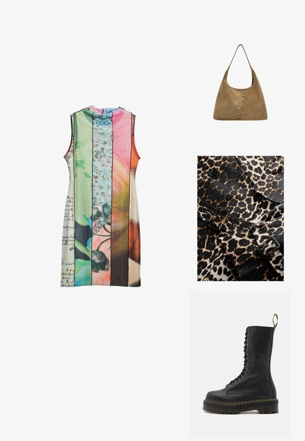 Leopard-print fabric in black and beige with a glossy black buckle and buttons. Features a tailored design and distinct pattern.; Sleeveless dress featuring striped panels in varying colors: green, pink, orange, with floral patterns and handwritten text details.; Black leather combat boot with a high shaft, lace-up front, yellow stitching, and a chunky, textured sole. Features high grip tread.; Suede shoulder bag in tan with a slouchy design, featuring metallic studs along the front for detail and a single, wide strap.