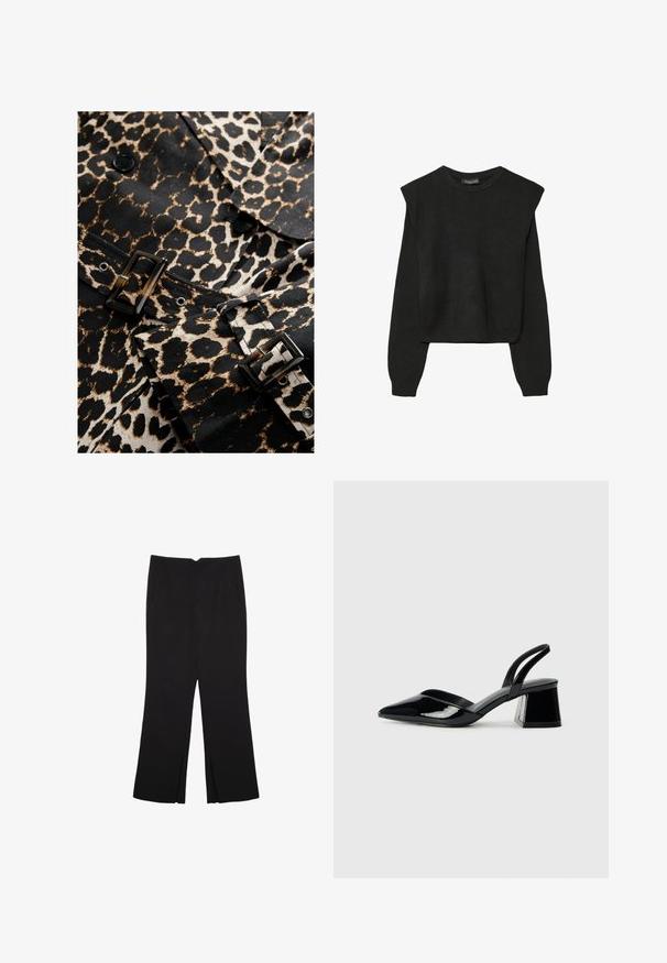 Leopard-print fabric in black and beige with a glossy black buckle and buttons. Features a tailored design and distinct pattern.; Black long-sleeve knitted sweater with padded shoulders and ribbed cuffs and hem, shown against a white background.; Black trousers with a straight fit, featuring front pockets and side slits at the hem. Made of soft, smooth fabric. Suitable for various occasions.; Black patent leather slingback heels with a pointed toe and a geometric block heel. Features a sleek, minimal design and smooth texture.