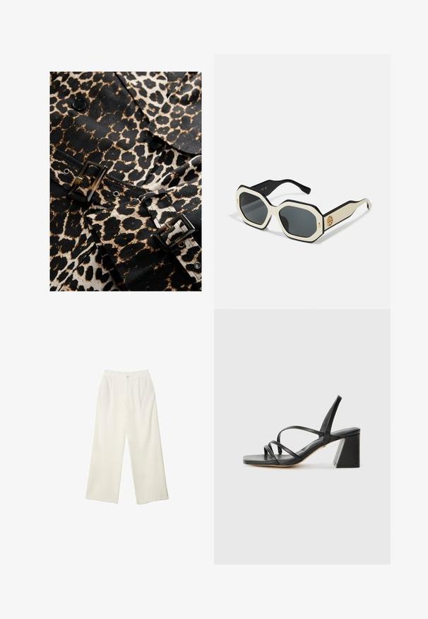 Textília s leopardím vzorom v čiernej a béžovej farbe s lesklou čiernou prackou a gombíkmi. Má priliehavý strih a výrazný vzor.; Biela košeľa s gombíkmi a špicatým golierom, dlhými rukávmi a malým modrým logom na ľavej hrudi. Vyrobená z bavlnenej látky.; Široké nohavice z krémovej látky s hladkou textúrou, s jedným predným gombíkom, jemnými skladmi a vysokým pásom.; Čierne sandále na vysokom podpätku so štvorcovou špičkou, s viacerými tenkými remienkami a geometrickým blokovým podpätkom. Hladká kožená textúra a minimalistický dizajn.; Slnečné okuliare s osmiuholníkovým bielym rámom, čiernymi okrajmi a sivými sklami. Zlatý detail loga na boku dodáva jedinečný akcent.; Biela kožená kabelka so zlatým uzáverom, čiernymi akcentmi, odnímateľným ramenným popruhom a štruktúrovaným dizajnom so zavretím na klopu.