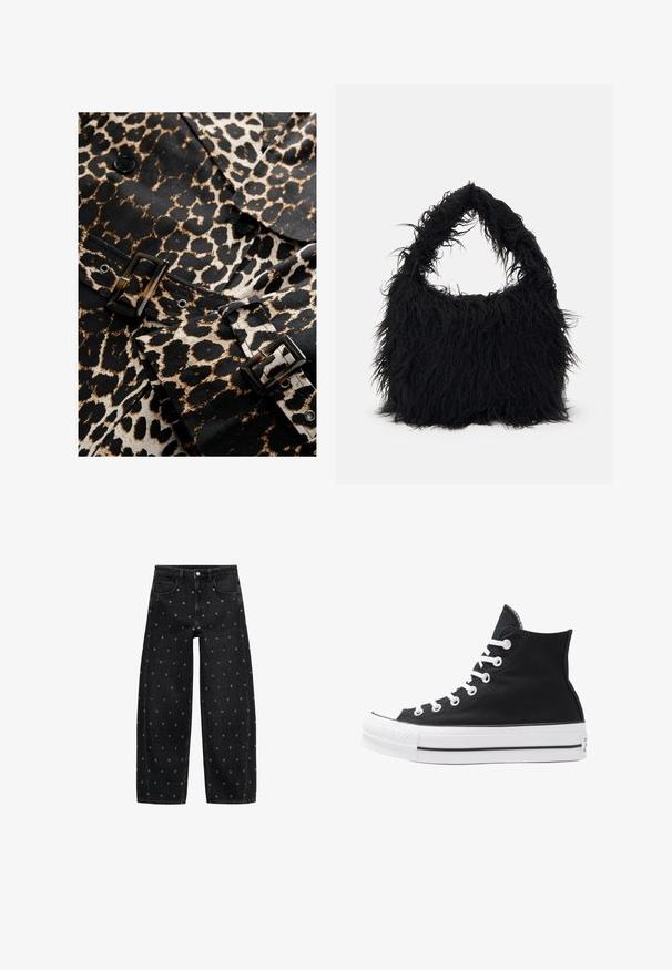 Tessuto a fantasia leopardata in nero e beige con una fibbia nera lucida e bottoni. Presenta un design su misura e un motivo distintivo.; Blusa bianca corta con maniche a sbuffo e scollatura arricciata elasticizzata, vita e polsini delle maniche.; Jeans a gamba larga in denim nero con un motivo di piccoli occhielli in argento, dotati di un classico design a cinque tasche e chiusura con bottone.; Sneaker alta nera in tela con occhielli e lacci bianchi e suola in gomma. Presenta un punta testurizzata e accenti a strisce bianche e nere.; Even&Odd Shopping bag - black