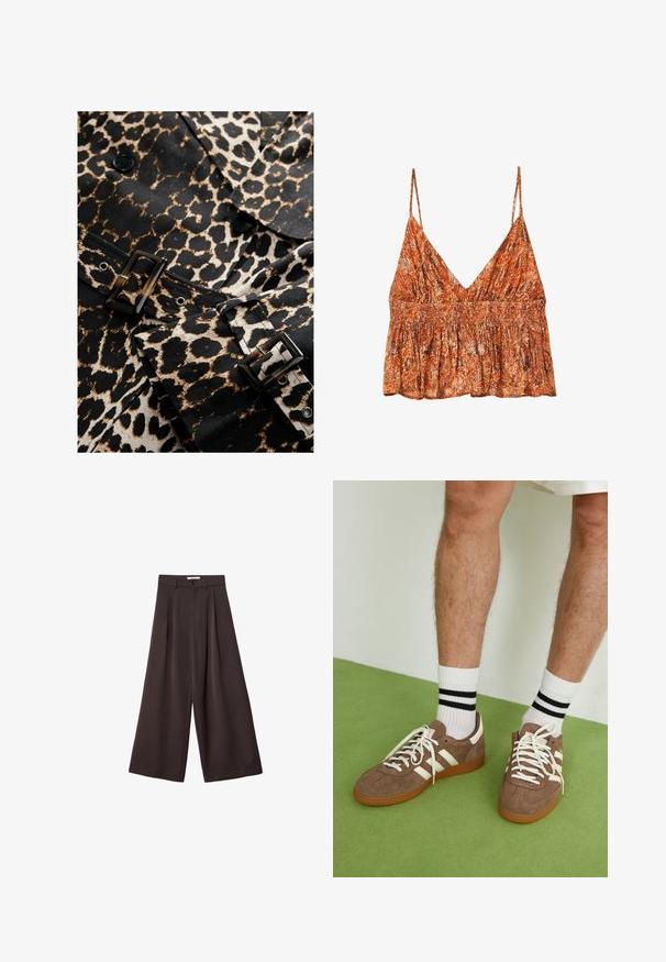 Tkanina s leopardím vzorem v černé a béžové barvě, s lesklou černou sponou a knoflíky. Disponuje přizpůsobeným designem a výrazným vzorem.; Značkový rozšířený top s řasením v oranžovém a krémovém květinovém vzoru, s tenkými ramínky a volným střihem. Lehká, měkká tkanina.; Černé široké kalhoty s vysokým pasem, s předními záhyby a zapínáním na knoflík v pase, vyrobené z hladké látky.; Hnědé semišové tenisky s bílými akcenty a tkaničkami. Gumová podrážka. Nošeny s bílými ponožkami s černými pruhy. Zelená strukturovaná podlaha.