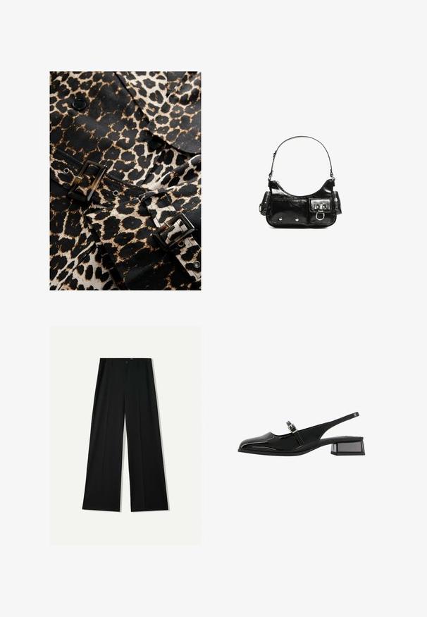 Textília s leopardím vzorom v čiernej a béžovej farbe s lesklou čiernou prackou a gombíkmi. Má priliehavý strih a výrazný vzor.; Čierne a biele tričká s dlhým rukávom, s okrúhlymi výstrihmi, jemnou tkaninou a priliehavým strihom so rovnými spodnými krajmi.; Bershka WIDE - Nohavice - black; Bershka BLOCK BUCKLED - MARY JANES 11626560 - Klasické lodičky na opätku - black; Čierna laková kožená kabelka s ohnutým tvarom, jedným ramenným popruhom, prednými vreckami a striebornými kovovými doplnkami.