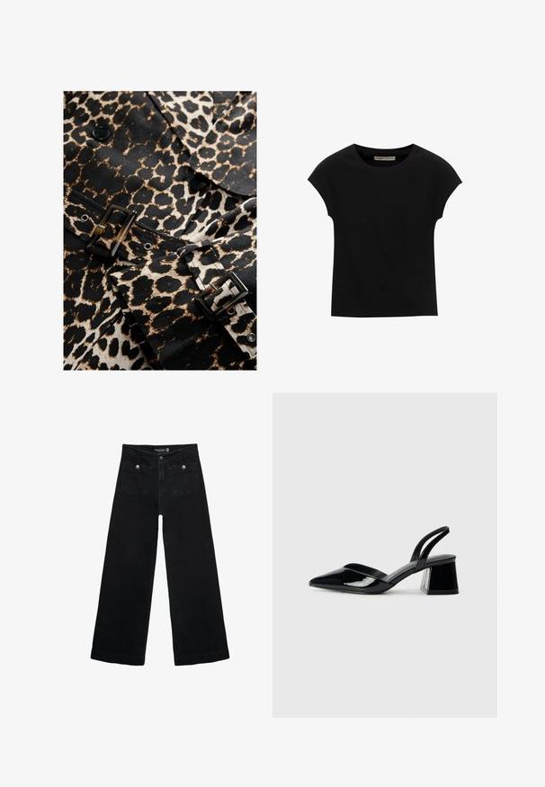 Tkanina s leopardskim uzorkom u crnoj i bež boji s sjajnim crnim kopčanjem i dugmadi. Ima kroj koji se prilagođava i izražen uzorak.; Crna majica s kratkim rukavima od mekog materijala, s okruglim izrezom i opuštenim krojem, s glatkom teksturom i bez uzoraka.; Crne široke traperice s visokim strukom, koje imaju dva prednja džepa i metalne gumbe kao ukrase. Tkanina ima glatku teksturu.; Crne lakirane kožne sandale s otvorenom petom i špicastim vrhom, s geometrijskom blok petom. Imaju elegantan, minimalistički dizajn i glatku teksturu.