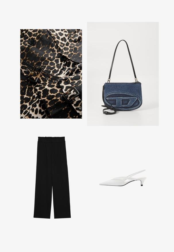 Luipaardprint stof in zwart en beige met een glanzende zwarte sluiting en knopen. Heeft een op maat gemaakt ontwerp en een uitgesproken patroon.; Zwarte katoenen t-shirt met korte mouwen, voorzien van een kleine roze vlinder graphic op de linkerkant van de borst. Crew neck ontwerp met een relaxte fit.; Zwarte wijde broek met een gerimpelde tailleband, voorzien van twee zijzakken en een soepele, lichte stof. Geen zichtbare patronen of hardware.; Witte slingback hak met spitse neus, voorzien van een gladde bovenkant, subtiele uitsparingen en een lage blokhak. Zwarte zool accentueert het ontwerp.; Denim schoudertas met een zwarte leren schouderband, ovaal logoontwerp aan de voorkant en een ritsluiting aan de bovenkant. Gedeeltelijk gestructureerde afwerking.