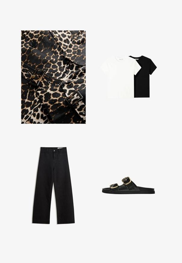 Luipaardprint stof in zwart en beige met een glanzende zwarte sluiting en knopen. Heeft een op maat gemaakt ontwerp en een uitgesproken patroon.; Twee t-shirts met korte mouwen, één wit en één zwart, gemaakt van katoen. Beide hebben een ronde halslijn en een eenvoudig, klassiek ontwerp.; Zwarte denim broek met wijde pijpen en een hoge taille, voorzien van voor- en achterzakken, gestikte naden en een knoopsluiting. Gladde textuur.; Zwarte slipper met twee gouden gesps, gladde textuur, platte zool en een minimalistisch ontwerp.