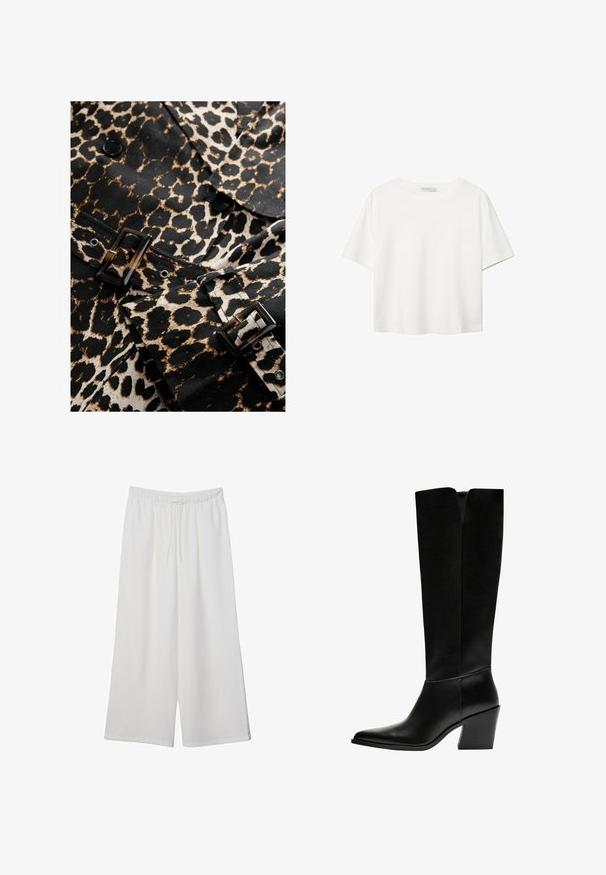 Leopardmønstret stof i sort og beige med en blank sort spænde og knapper. Har et skræddersyet design og et markant mønster.; Hvid kortærmet t-shirt lavet af bomuld. Har en rund halsudskæring og en afslappet pasform. Glat tekstur uden synlige mønstre eller detaljer.; Hvide vidde bukser lavet af letvægtsstof, med en elastisk talje og snøre for justerbar pasform. Glat tekstur.; Sorte knæhøje støvler lavet af glat læder, med spids tå, blokhæl og en V-formet udskæring foroven.