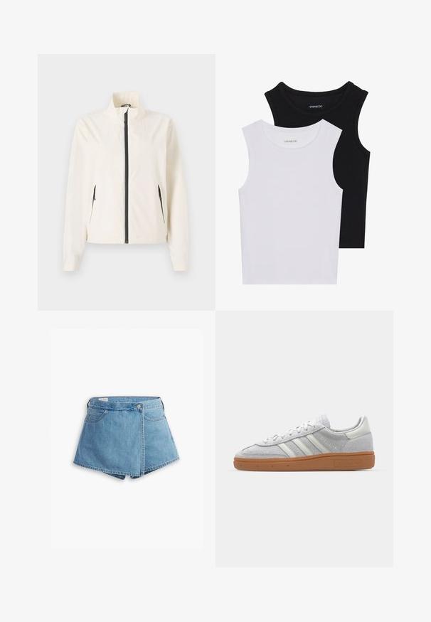 Giacca cream leggera con colletto alto, zip nera e tasche laterali. Presenta una texture liscia e una vestibilità su misura.; Due magliette senza maniche, in bianco e nero, realizzate in cotone a coste, con colli rotondi e un design aderente. Etichette visibili su entrambe.; Shorts in denim di colore azzurro chiaro, con un design avvolgente, tasche frontali e chiusura con bottone metallico. Tessuto liscio con bordi cuciti.; Sneaker in camoscio grigio chiaro con accenti in pelle bianca, tre strisce bianche e suola in gomma marrone, dotato di collo imbottito per il massimo comfort.
