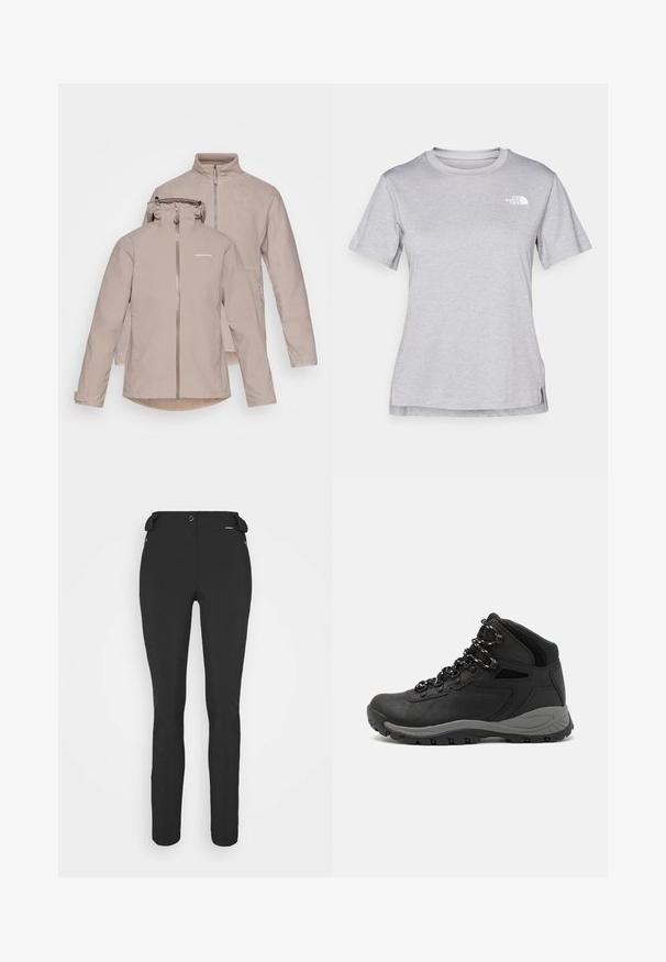 Beige voděodolná bunda s odnímatelnou kapucí, předním zipem a dvěma bočními kapsami. Měkká vnitřní podšívka a druhá vrstva z fleecu.; Šedé tričko s krátkým rukávem vyrobené z měkké, vlhkosti odvádějící tkaniny. Obsahuje kulatý výstřih a malé bílé logo na levém horním rukávu.; Černé, přiléhavé kalhoty vyrobené z pružného materiálu. Mezi funkce patří boční kapsa na zip, anatomické kolena a hladký povrch.; Černé turistické boty s mírně vyšším střihem, které mají texturovaný svršek, šedé detaily a odolnou gumovou podrážku s trakčními výstupky.