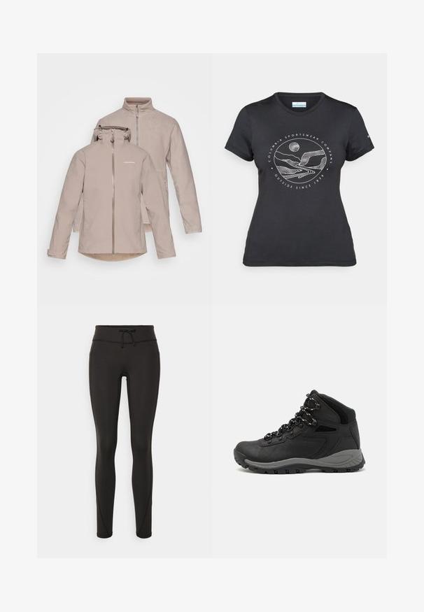 Beige waterdichte jas met een afneembare capuchon, voorrits en twee zijzakken. Zachte binnenvoering en een tweede fleece-laag.; Zwarte Columbia t-shirt met witte cirkelvormige lijntekening van bergen en een rivier en de tekst "Columbia Sportswear Company Outside Since 1938."; Zwarte leggings met een hoge tailleband, een trekkoord, een gladde textuur en een aansluitend ontwerp. Kenmerkt zich door stikseldetails langs de zijkanten.; Zwarte wandelschoen met een mid-top ontwerp, voorzien van een gestructureerde bovenkant, grijze accenten en een duurzame rubberen zool met gripnoppen.