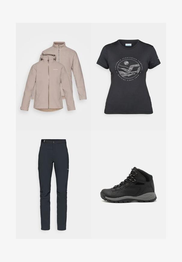 Jachetă impermeabilă bej, cu glugă detașabilă, fermoar frontal și două buzunare laterale. Captuseală interioară moale și un al doilea strat din fleece.; Tricou negru Columbia cu artă liniară albă circulară reprezentând munți și un râu, împreună cu textul "Columbia Sportswear Company Afară din 1938."; Pantaloni de exterior pentru bărbați, gri închis, fabricați dintr-un material flexibil, cu un brâu, buzunare cu fermoar și cusături consolidate.; Botă de drumeție neagră cu un design mediu, având un material texturat, accente gri și o talpă din cauciuc durabilă cu crampoane pentru aderență.