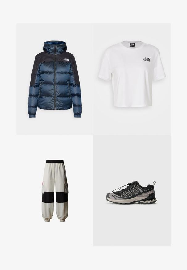 Blå puffjacka med huva. Har en svart överdel, elastiska muddar, fickor med dragkedja och en märkeslogotyp på bröstet.; Vit kortärmad t-shirt av bomull med rund halsringning. Har en svart logotyp på vänstra bröstet.; The North Face HIMALAYAN - Cargobyxor - white dune tnf black; Svart och grå sportskor med övre i mesh, gummisula och elastiskt snörsystem. Har en förstärkt tå och texturerade detaljer.