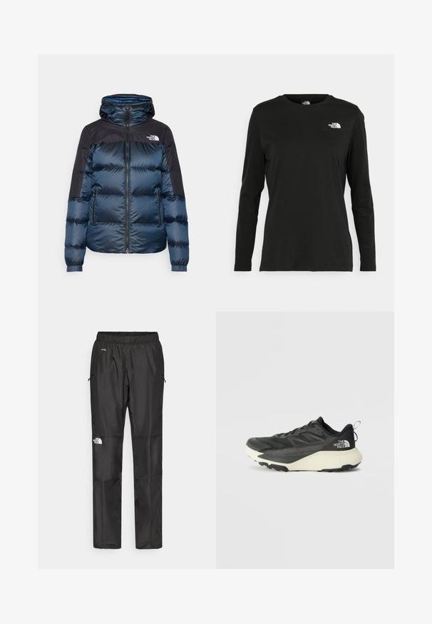 Casaco acolchoado azul com capuz. Apresenta uma secção superior preta, punhos elásticos, bolsos frontais com fecho Zipper e um logótipo na área do peito.; T-shirt preto de mangas longas, feito de algodão, com decote redondo. Apresenta um pequeno logótipo branco na área esquerda do peito. Design simples e ajuste confortável.; Calças pretas à prova d'água feitas de um tecido leve, com cintura elástica, bolsos laterais e um logótipo na perna esquerda.; Shoe atlético preto com um cabedal texturizado, apresentando detalhes em cinza e uma entressola branca. Inclui uma alça e um logótipo da marca em destaque no calcanhar.