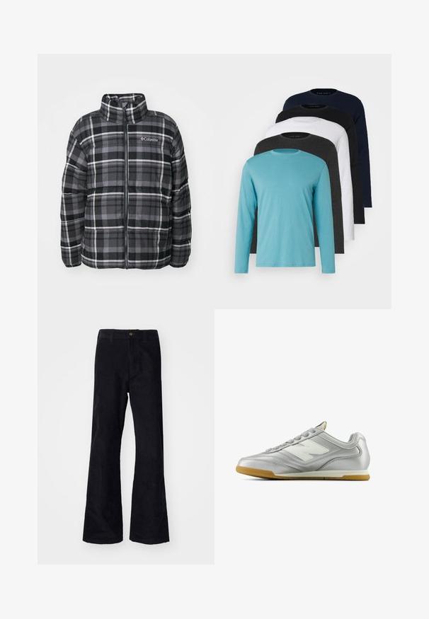 Geaca puffer în carouri are un model în carouri negre și gri, guler înalt, închidere cu fermoar pe față și logo pe pieptul stâng.; Cinco tricouri cu mânecă lungă într-o linie: turcoaz, negru, alb, gri închis și albastru marin. Material moale cu design guler rotund și croială standard.; Pantaloni negri din bumbac, cu un design evazat, talie tradițională, un singur nasture frontal și buzunare pe laterale și la spate. Textură netedă.; Cămașă sport argintie cu o suprafață netedă și strălucitoare, logo alb pe lateral, șireturi texturate gri și talpă din cauciuc de gumă.