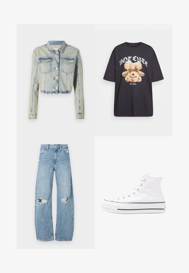 Kort denimjacka i ljusblått, med knäppning framtill, två bröstfickor och långa ärmar med sömnadsdetaljer.; Svart oversized t-shirt med en grafik av en björn och texten "INTE SÖT MEN VILD" i fet, vit lettering. Tillverkad av bomull.; Ljusblå, högmidjade jeans i denim. Har vida ben, två slitna knäområden och klassisk femfickedesign.; Vit hög topp canvas sneaker med svart gummisulan, framsidan gummitåhätta och sex öglor för snören, med en ren, minimalistisk design.
