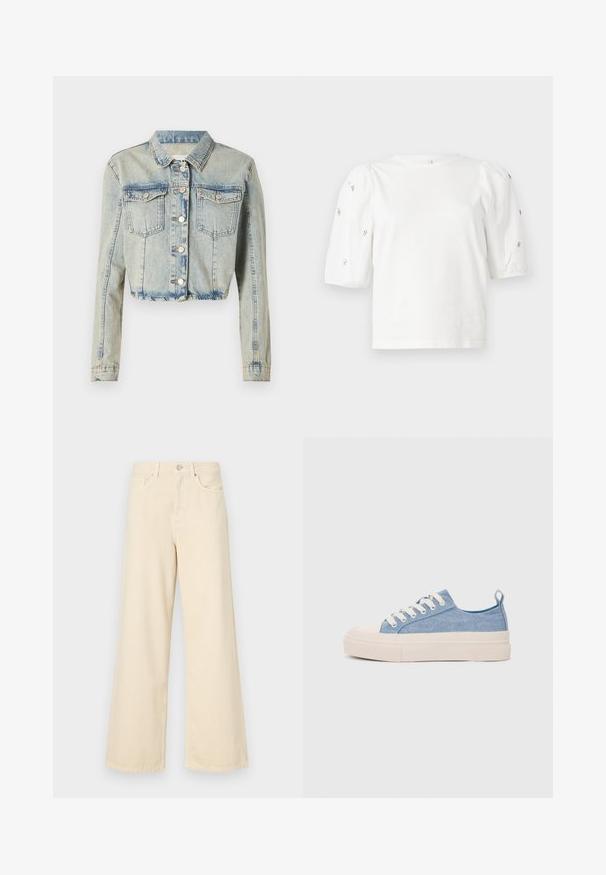 Világoskék, rövidített farmerdzseki, elöl gombos záródással, két mellzsebbel és hosszú ujjakkal, amelyeket varrás díszít.; Fehér pamut póló rövid puffos ujjakkal, a ujjain kicsi ezüst díszítések találhatók. Klasszikus kerek nyakú, laza fazonú.; Bézs, széles lábú farmernadrág, pamutból készült. Gombos záródással, övhurkokkal és elülső zsebekkel rendelkezik, sima, puha tapintással.; Világoskék vászon sportcipők, krémszínű gumitippel és talppal, fehér fűzőkkel és egy húzófüllel a sarkán.