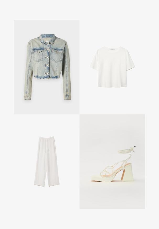 Kratka denim jakna v svetlo modri barvi, z zapiranjem spredaj na gumbe, dvema žepoma na prsih in dolgimi rokavi s šivanim detajlom.; Bela kratka majica s kratkimi rokavi iz bombaža. Ima okroglo izrezovanje in sproščen kroj. Gladka tekstura brez vidnih vzorcev ali poudarkov.; Bele široke hlače iz lahkega materiala. Imajo elastičen pas s vrvico in stranske žepe. Gladka tekstura.; Bela sandala na visokih petah s debelim petam, ki ima obliko trakcev in vezanje okoli gležnja. Gladka tekstura z platformo spredaj za dodatno višino.