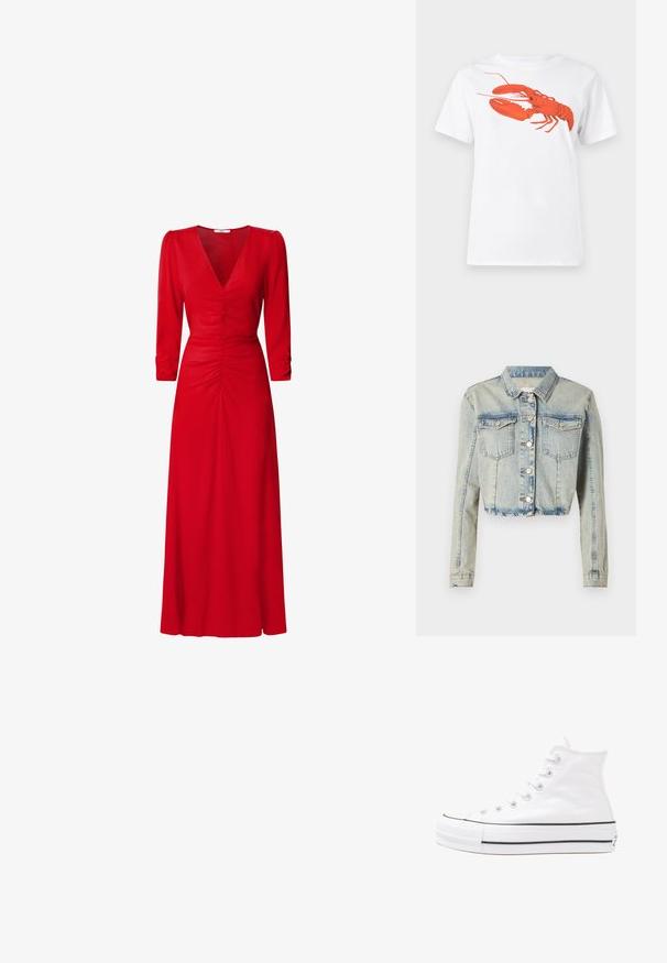 Izgriezta denima jaka gaiši zilā krāsā, ar priekšējo pogu aizdari, divām krūšu kabatām un garām piedurknēm ar šuvju detaļām.; Balta kokvilnas T-krekls ar lielu, spilgti sarkanu omāru grafiku uz priekšu. Īsas piedurknes un standarta apļveida kakla dizains.; Sarkana kleita ar V veida kakla izgriezumu, trīs ceturtdaļu piedurknēm un ruched detaļām viduklī un mugurā. Audums izskatās gluds un viegls.; Balti augstie kanvas sporta apavi ar melnu gumijas zoli, priekšējo gumijas purngalu un sešām acīm lencēm, kuriem ir tīrs, minimālistisks dizains.; Sarkans ādas rokassomi ar stūrainu, ģeometrisku dizainu. Iekļauj vienu regulējamu siksnu un vāku ar izšūtu detaļu.