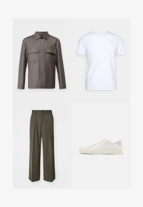 LARDINI GIACCA CAMICIA UOMO - Light jacket - black/white; White short-sleeve t-shirt in cotton fabric with a round neckline. Simple design with no patterns or accents. Smooth texture.; Filippa K WIDE TROUSERS - Trousers - driftwood; White leather sneaker with a smooth surface, round toe, and minimalistic design. Features beige accents on the heel and a rubber sole.