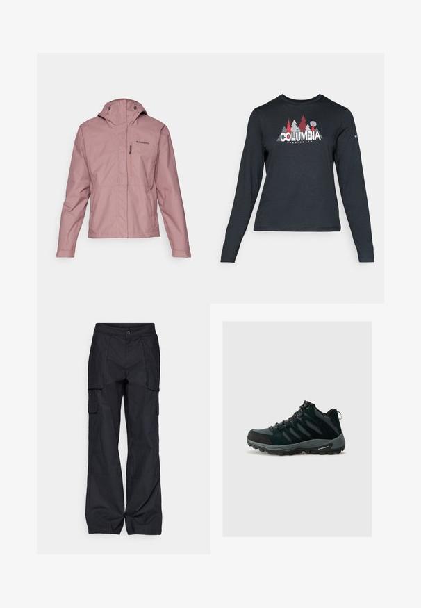 Σακάκι Columbia σε σκόνη ροζ, αδιάβροχο, με ρυθμιζόμενη κουκούλα, φερμουάρ στη θήκη στο στήθος και στις πλευρές, και ιμάντες με Velcro στον καρπό, προσαρμοσμένο σε μπροστινή όψη.; Μακρυμάνικο σκούρο γκρι πουκάμισο με γραφικό κόκκινων δέντρων και βουνών; το λογότυπο "COLUMBIA" σε έντονο λευκό κείμενο. Μαλακό ύφασμα, τυπικός στρογγυλός λαιμός.; Columbia BREA FALLS™ COTTON RIPSTOP PANT - Παντελόνι εξωτερικού χώρου - black; Columbia REDMOND - Παπούτσια πεζοπορίας - black/citron haze