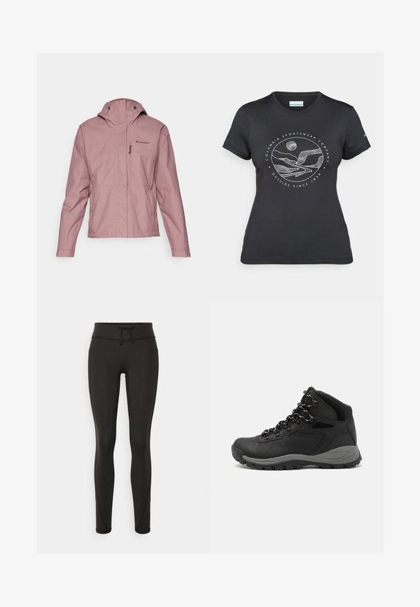 Giacca impermeabile Columbia di un rosa polveroso, con cappuccio regolabile, tasche sul petto e laterali con zip e cinturini in velcro sui polsi, mostrata frontalmente.; Maglietta nera Columbia con arte lineare bianca di una montagna circolare e un fiume, e il testo "Columbia Sportswear Company Outside Since 1938."; Leggings neri con vita alta, cordino, texture liscia e design aderente. Presentano dettagli di cucitura lungo i lati.; Stivale da trekking nero con design a metà altezza, dotato di una tomaia texturizzata, accenti grigi e suola in gomma resistente con tasselli per la trazione.