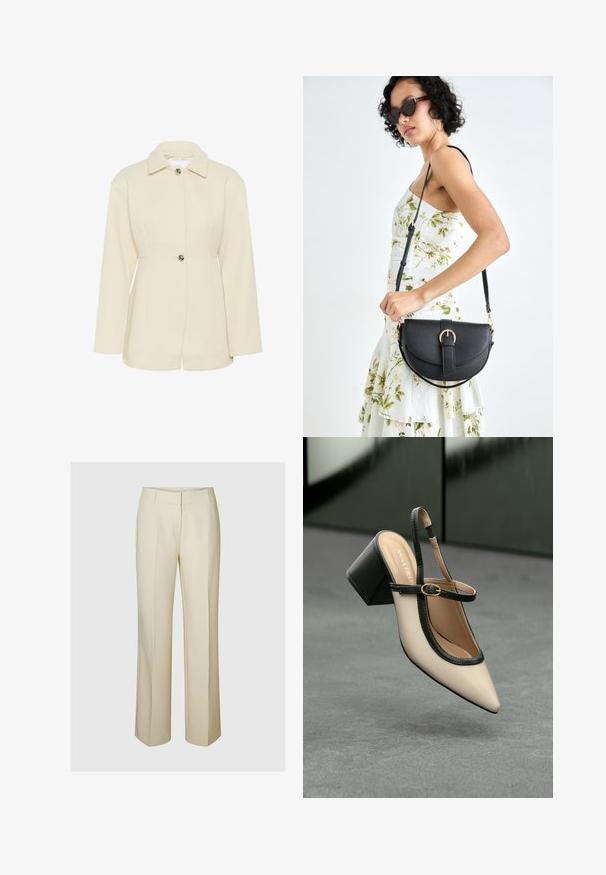 Kremasto obojena teksturirana jakna s ovratnikom, zatvaranjem na jedan gumb i dugim rukavima. Ima vertikalne rebraste detalje.; Crni kratki rukav majica od mekog materijala, s okruglim izrezom i raširenim rubom s suptilnim detaljima šavova.; Bež hlače širokog kroja s krojenim dizajnom, sa ravnim prednjim dijelom, bočnim džepovima i glatkom, teksturiranom tkaninom.; Bež sandala s visokim potpeticama, otvorenom petom, šiljastim vrhom, crnim rubom i detaljem kopče. Glatki materijal s mat završnom obradom, srednja blok potpetica.; Crna kožna torba s lukovitim oblikom, odvojivim remenom i zlatnim detaljima. Torba ima preklop s kopčom.