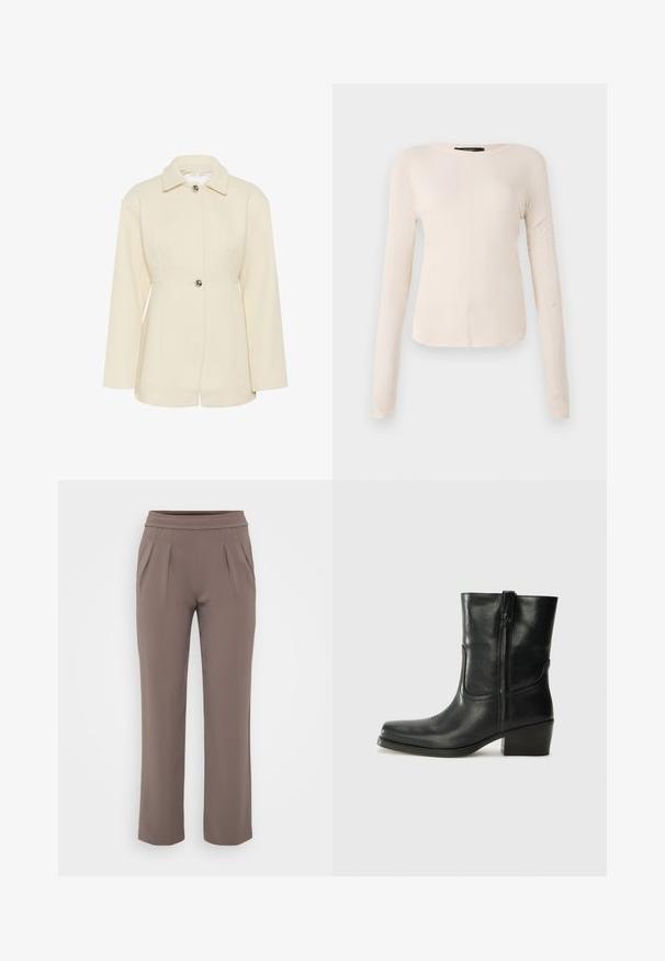 Kermittävärinen tekstiilijakku, jossa on kauluksellinen pääntie, yksittäisnapitus ja pitkät hihat. Ominaisuuksina on pystyribbikuvio.; Pitkähihainen, vaaleanbeige paita, jossa on pyöreä kaula-aukko. Valmistettu pehmeästä kankaasta, jossa on keskeinen sauma ja hieman kaareva helma. Ei näkyvää metalliosaa.; Harmaat löysät housut, joissa on joustava vyötärö ja etutaskut, valmistettu sileästä kankaasta.; Musta nahkasaapas nilkkamittaisella varrella, pyöreällä kärjellä, lohkarekorolla, sivuvetoketjulla ja ompeluaksentilla varren yläosassa. Suora pinta, klassinen muotoilu.