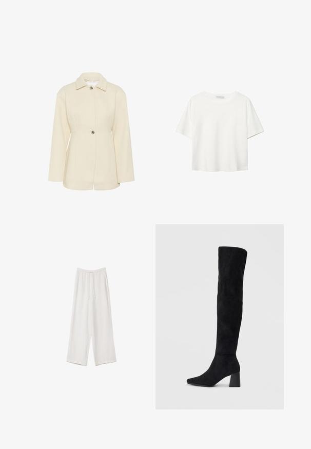 Kremasto obojena teksturirana jakna s ovratnikom, zatvaranjem na jedan gumb i dugim rukavima. Ima vertikalne rebraste detalje.; Bijela majica kratkih rukava od pamuka. Ima okrugli izrez i opušteni kroj. Glatka tekstura bez vidljivih uzoraka ili naglasaka.; Bijele hlače širokih nogavica napravljene od lagane tkanine. Imaju elastičan pojas s ušicom i bočne džepove. Glatka tekstura.; Crne antilop čizme do koljena s blok potpeticom, šiljastim prstom i glatkim, bešavnim dizajnom na običnoj svijetloj pozadini.