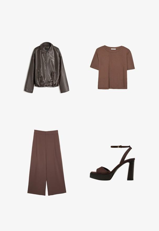 Hnědá kožená bunda s hladkou strukturou, oversized střihem, límcem, zipovými kapsami a páskem v pase pro dodatečný detail.; Hnědé tričko s krátkým rukávem vyrobené z měkké látky, s kulatým výstřihem a volným střihem. Bez viditelných vzorů nebo dekorací.; Hnědé široké kalhoty s hladkou texturou, vysokým pasem a předními záhyby. Materiál je lehký a volně splývá.; Hnědé semišové sandály na vysokém podpatku s otevřenou špičkou, nastavitelným páskem kolem kotníku a proužkovou platformou.