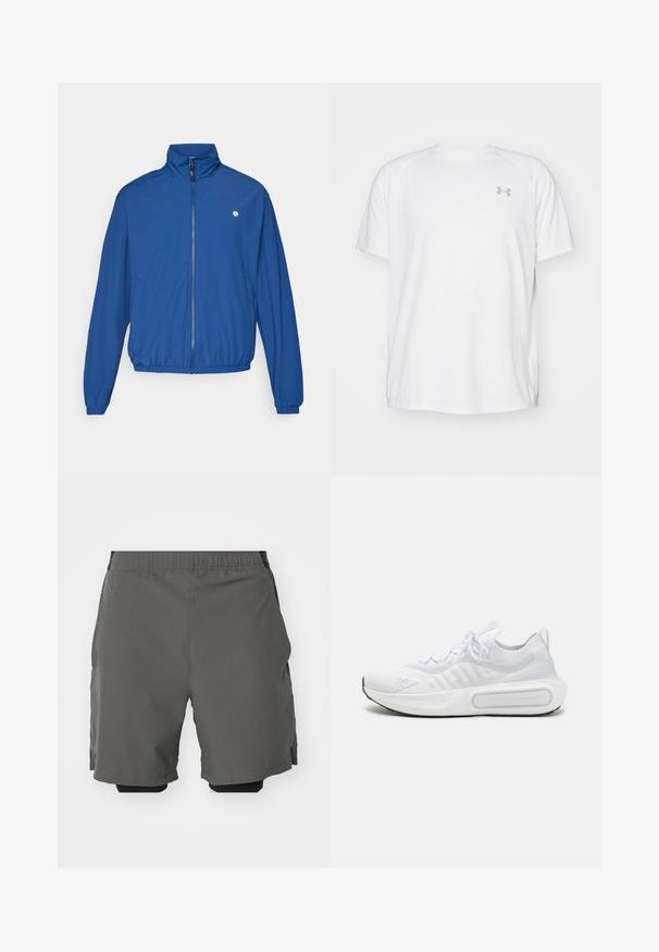 Blå lett zip-up jakke med høy krage, elastiske mansjetter og hem. Har en liten logo på venstre bryst. Laget av et glatt stoff.; Hvit treningstopp med korte ermer laget av glatt stoff. Har rund hals og grått logo på venstre bryst, med sidesplitter i kanten.; Grå treningsshorts med et glatt, lett stoff og elastisk midje, med indre kompresjonsshorts og sidelommer.; Hvit atletisk sko med et teksturert strikket overdel, snøring, polstret såle og et distinkt merkeelement på siden.