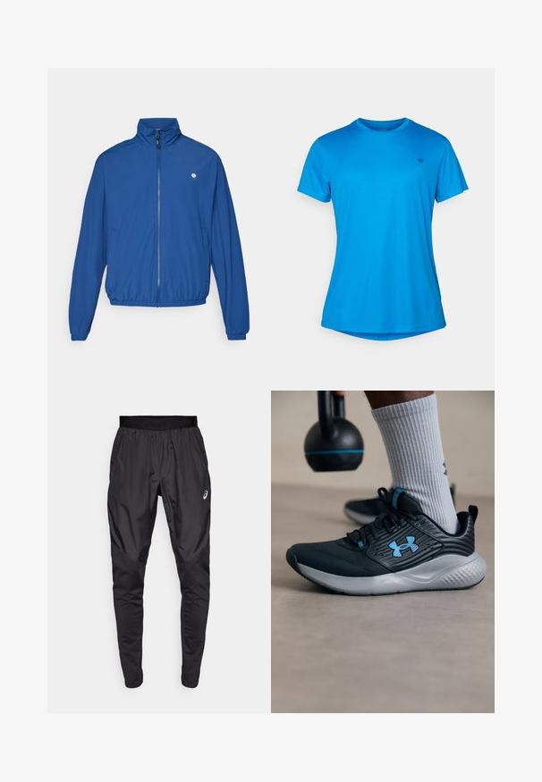 Casaco azul leve com fecho éclair, pescoço alto, punhos e barra elásticos. Apresenta um pequeno logótipo no lado esquerdo do peito. Feito de um tecido suave.; Camiseta azul de manga curta feita de um tecido leve e texturizado. Apresenta um decote redondo e um logótipo discreto no peito.; Calças atléticas pretas com uma cintura elástica, bolsos laterais e painéis de textura contrastante nas pernas. Logo da Asics no quadril.; Sapatilha atlética preta com detalhes em azul, parte superior texturizada e sola cinza. Usada com meias caneladas cinza, ao lado de um kettlebell preto.