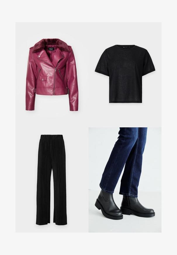 ONLY ONLVILHELMA BIKER - Μπουφάν από συνθετικό δέρμα - burgundy; Μαύρη κοντομάνικη μπλούζα με χαλαρή εφαρμογή, διαθέτει λείο υφή και στρογγυλή λαιμόκοψη. Ελαφρύ ύφασμα με ελαφριά γυαλάδα.; Μαύροι πλισέ παντελόνια με ελαστική μέση. Διαθέτουν φαρδιά πόδια και μαλακό, υφασμάτινο υλικό με κατακόρυφες ρίγες.; Μαύρες δερμάτινες μπότες μέχρι τον αστράγαλο με χοντρή σόλα και ελαστικές πλαϊνές επιφάνειες, συνδυασμένες με σκούρα μπλε τζιν. Το έδαφος είναι ανοιχτού χρώματος.