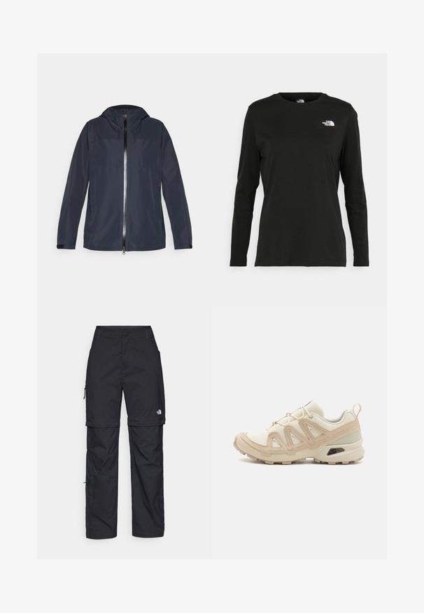 Tumes sinine tuulekrae jope, millel on kapuuts, esi tõmblukk ja tõmblukkudega küljetaskud. Sile kangas, millel on kergelt läikiv viimistlus ja reguleeritavad mansetid.; Must mustahiheline T-särk, millel on pikad varrukad, valmistatud puuvillast ja ümarast kaelusest. Vasakul rinnal on väike valge logo. Lihtne disain ja sobivus.; Mustad nailonist valmistatud eemaldatavad cargo-püksid, reguleeritavate pahkluudega, mitmete taskutega ja paremal jalal logoga. Sile, kerge tekstuur.; Beež ja koobalti spordijalats tekstureeritud võrkkattega, toetavad ülemised kihid ja kummist tallaga, millel on mustriga joonistus haardeks.