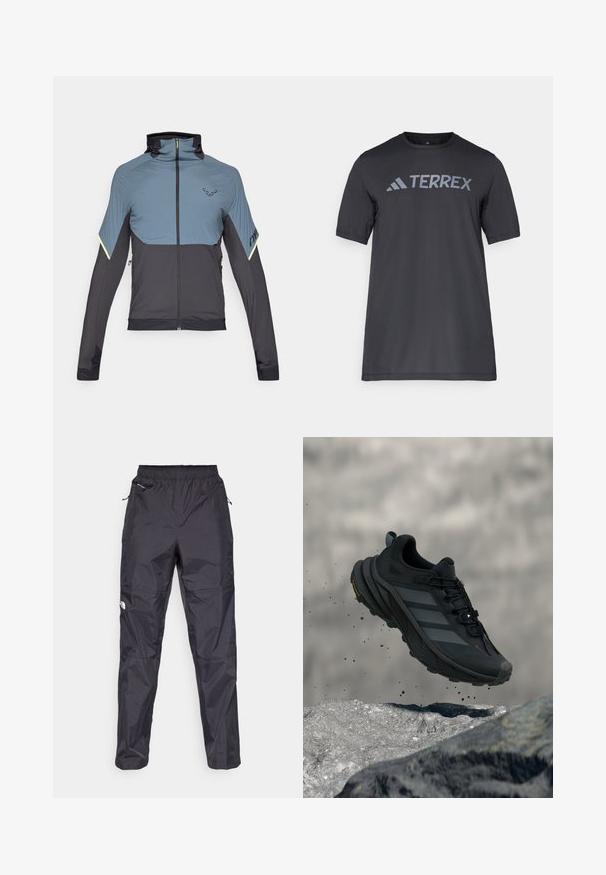 Veste zippée grise et noire avec un col haut, coupe athlétique, panneaux supérieurs texturés et accents réfléchissants sur les manches.; T-shirt noir à manches courtes en tissu léger, arborant un logo « TERREX » gris clair sur la poitrine et un col rond.; Pantalons noirs imperméables fabriqués en matériau léger et texturé. Comprend une taille élastique et des poches zippées.; Chaussure de randonnée noire avec une tige texturée, trois bandes grises et un col rembourré. Elle possède une semelle robuste pour la traction et la stabilité.