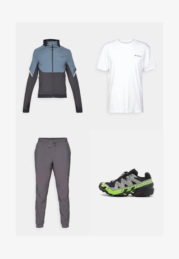 Gray and black zip-up jacket with a high collar, athletic fit, textured upper panels, and reflective accents on sleeves.; White cotton t-shirt with short sleeves, crew neck, and a small black Columbia logo on the left chest. Soft, plain design.; Gray, lightweight, elastic waist pants with adjustable drawstring; tapered legs; smooth texture; includes logo detail on the side.; Black and gray trail running shoe with bright green accents, featuring a textured sole, advanced lacing system, and rugged design.