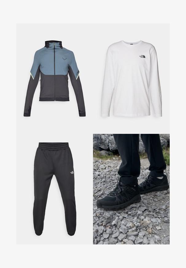 Harmaa ja musta vetoketjullinen takki, jossa on korkea kaulus, urheilullinen leikkaus, tekstuuriset yläpaneelit ja heijastavat yksityiskohdat hihoissa.; Valkoinen pitkähihaisen T-paita, joka on valmistettu puuvillasta ja jossa on pyöreä kaula-aukko. Rintamuksessa on pieni musta logo. Sileä kangas, normaali malli.; Mustat collegehousut, joissa on nauhakuomu vyötäröllä, kapeneva fit, elastiset hihansuut ja pieni valkoinen logo vasemmassa reidessä, valmistettu sileästä kankaasta.; Mustat ulkokengät, joissa on verkko- ja synteettinen materiaali, teksturoitu päällinen, varma nauhoitusjärjestelmä ja kestävä pohja kivikkoisella maastolla.