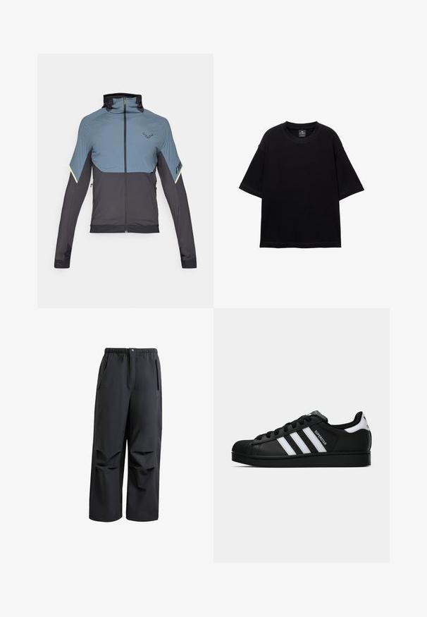 Gray and black zip-up jacket with a high collar, athletic fit, textured upper panels, and reflective accents on sleeves.; Black short-sleeve T-shirt made of cotton, featuring a round neckline and relaxed fit. Smooth texture with minimal stitching details.; Black, loose-fitting pants made of soft fabric. Features an elastic waistband, button closure, and two side pockets with pleated details.; Black Adidas Superstar sneaker with white stripes, shell toe, and "Superstar" text on side, shown in side profile on white background.