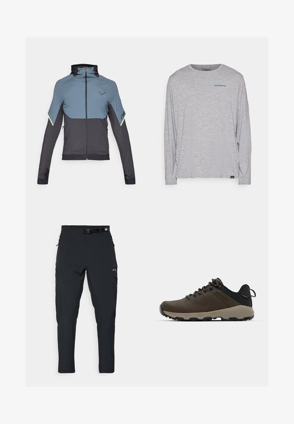 Veste zippée grise et noire avec un col haut, coupe athlétique, panneaux supérieurs texturés et accents réfléchissants sur les manches.; T-shirt à manches longues gris clair en tissu doux et texturé. Il présente un col rond et un petit logo Patagonia bleu sur la poitrine.; Columbia ESSENTIAL HIKE™ PANT - Pantalons outdoor - black; Baskets imperméables marron avec une tige texturée, des accents perforés, un support de talon noir et une semelle en caoutchouc grise. Les lacets sont ornés d'embouts métalliques.