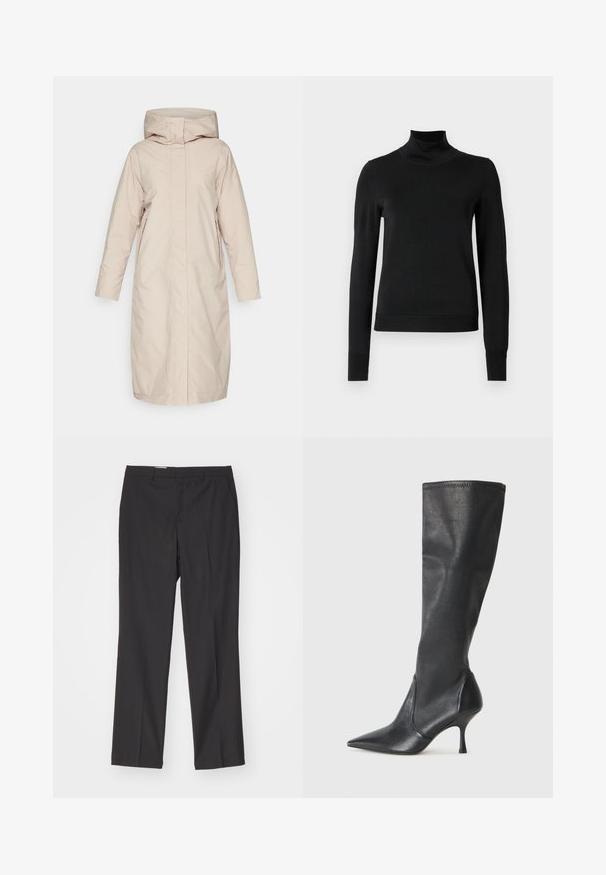Vaude COREWAY - Téli kabát - linen; Fekete, hosszú ujjú garbós pulóver bordás mandzsettákkal és aljjal, sima fehér háttér előtt bemutatva.; Fekete, szabott nadrág egyenes szárú dizájnnal, övhurkokkal és sima textúrával, könnyű anyagból készült.; Térd fölötti fekete bőr csizmák hegyes orral és karcsú stiletto sarkal. Simább textúrájúak, jól illeszkedő kialakítással és varrással a tetején.