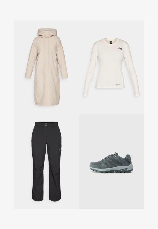 Vaude COREWAY - Vinterfrakke - linen; The North Face SHADOW LONG SLEEVE - Langærmet T-shirt - white dune; Sorte udendørsbukser med lige snit, der har knaplukning, lynlåslommer i siderne og et logo-patch på venstre lår.; Mørkegrå vandresko med mesh- og ruskinds-overdel, snørebåndsdesign, polstret sål og robust ydersål med grip-mønster.