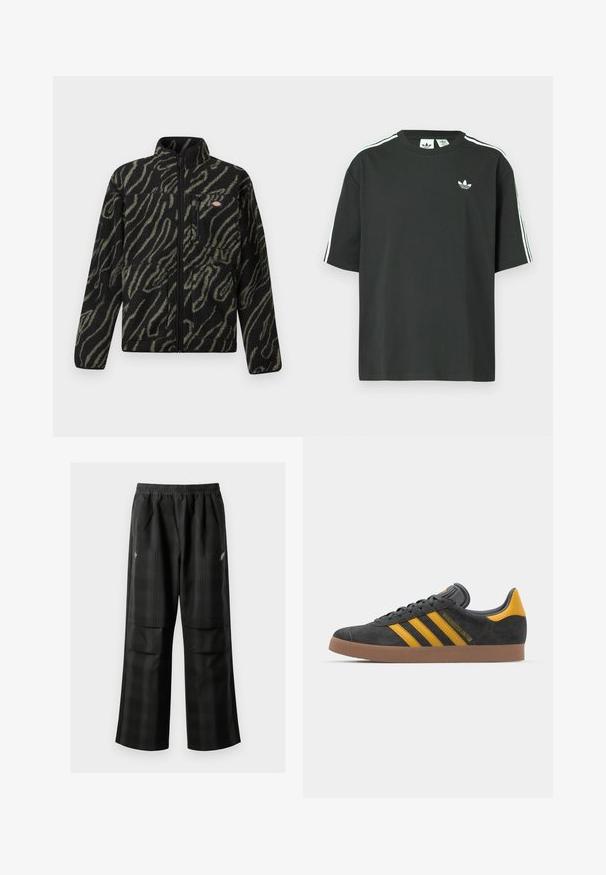 Melna vilnas jaka ar zaļu abstraktu rakstu, pilnībā ar rāvējslēdzēju, augstu apkakli un priekšējo rāvējslēdzēju kabatu. Mīksta tekstūra un regulāla piegriezuma dizains.; Melna kokvilnas T-krekls ar īsām piedurknēm, apaļu kakla izgriezumu un baltām trim svītrām uz pleciem. Uz krūtīm neliels balts logo.; Melnas kvadrātveida bikses ar elastīgu jostu, divām priekšējām kabatām un brīvu piegriezumu ar taisnām kājām. Izgatavotas no viegla materiāla.; Melnas zamšādas kedas ar dzelteniem akcentiem, kurām ir trīs svītras un brūna gumijas zole. Iekļauta mīksta valkāšanas tongue komfortam.
