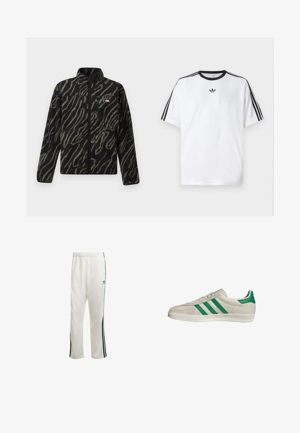 Giacca in fleece nera con motivo astratto verde, zip completa, colletto alto e tasca frontale con zip. Texture morbida e design a vestibilità regolare.; Maglietta bianca in cotone, con scollatura rotonda nera e tre strisce nere su ciascuna spalla. Piccolo logo nero sul petto.; Pantaloni da ginnastica bianchi con strisce verdi sui lati, cintura elastica e un logo sulla parte superiore sinistra. Realizzati in tessuto leggero.; Sneaker beige con strisce verdi, con suola bianca e tomaia in pelle liscia. Vista laterale che evidenzia i dettagli dei lacci e il logo.