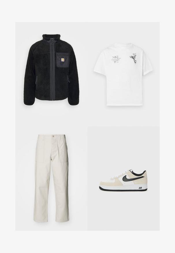 Svart fleecejakke med høy krage, glidelås foran og brystlomme. Har myk tekstur, sidelommer og et lite logomerke på lommen.; Hvit bomull t-skjorte med svart grafisk trykk av en bevinget figur og tekst, med rund hals og korte ermer.; Lyse beige vide bukser laget av bomull. Har frontlommer og knappelukking. Jevn tekstur med subtile vertikale linjer.; Sneakers med lys beige semsket skinn og hvit skinn-overdel, svart Nike swoosh, svarte detaljer, og en hvit gummisåle med "AIR" merke.