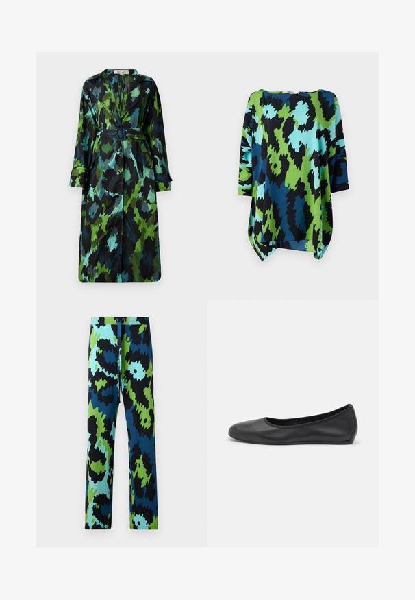 Căciulă lungă, ușoară, cu un model de camuflaj verde și negru, talie cu braț, închidere cu nasturi și croială lejeră, dotată cu buzunare mari.; Bluză lejeră, cu un imprimeu abstract îndrăzneț în nuanțe de albastru, verde și negru. Confecționată dintr-un material neted, are decolteu rotund și mâneci trei sferturi.; Pantaloni multicolori cu un model abstract îndrăzneț în negru, albastru și verde. Realizați dintr-un material neted, cu talie ajustabilă prin șnur.; Balerini din piele neagră, cu vârf rotund, textură netedă, detalii de cusătură minimale și un design al tălpii flexibil.